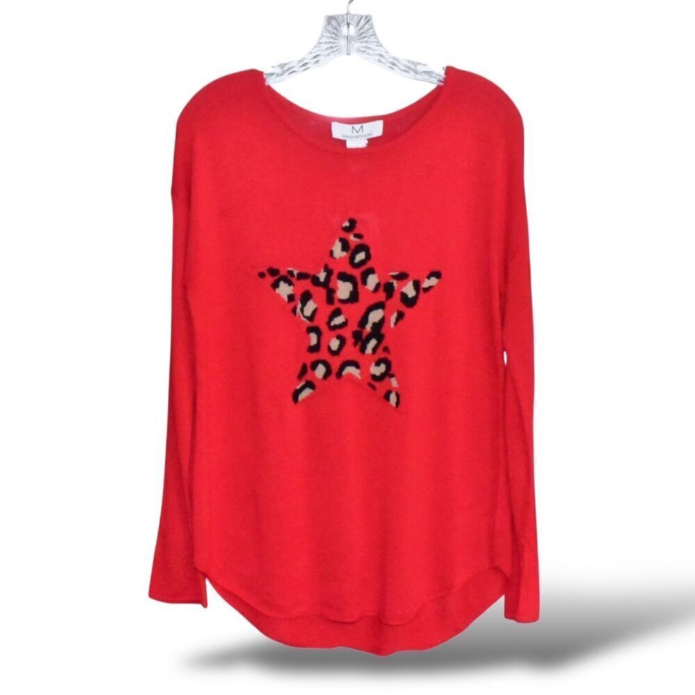 Magaschoni Cashmere Blend Long Sleeve Pullover Sweater Top Leopard Print Star